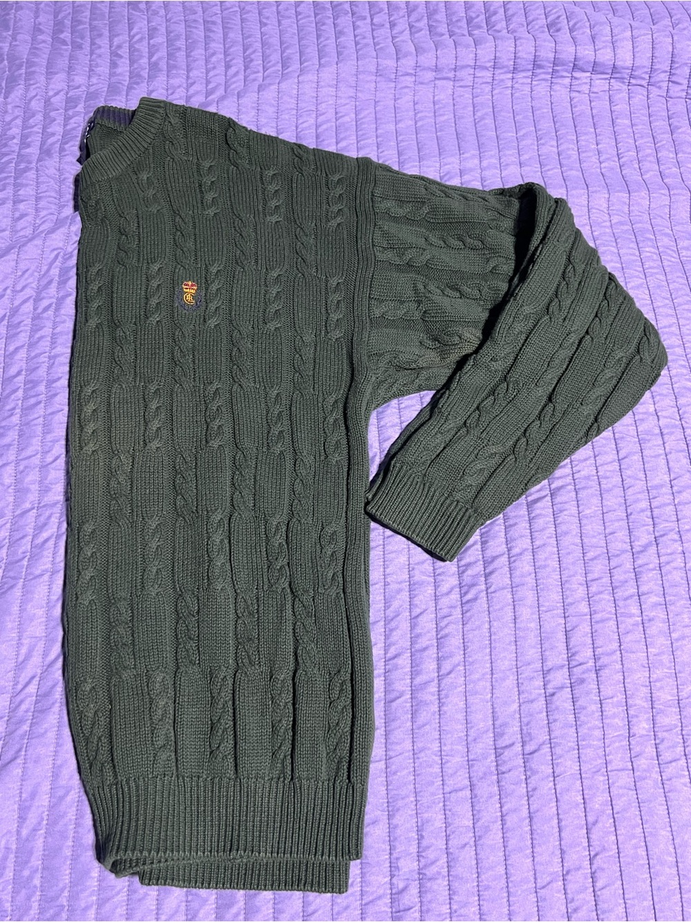Chaps Ralph Lauren Dark Green Cable-Knit Crewneck Sweater with Crest Emblem XL - Picture 3 of 15